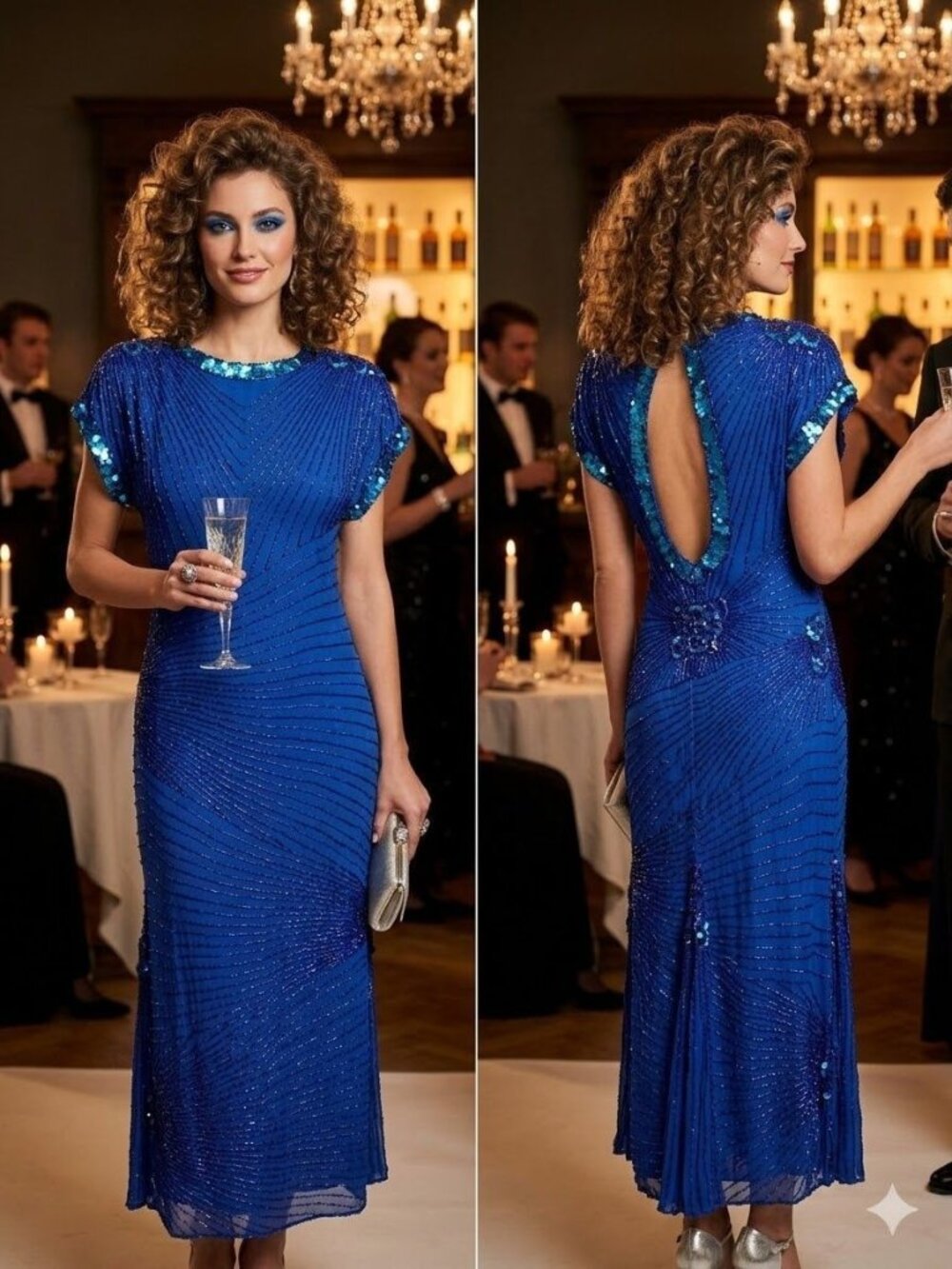 Vintage 80s Oleg Cassini Silk Dress 6 Royal Blue Beaded Open Back Cocktail Prom